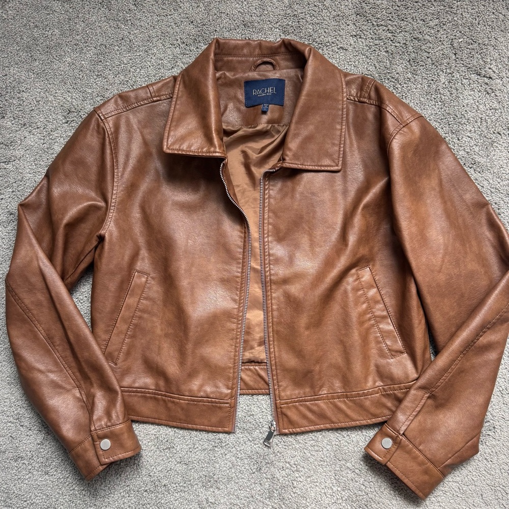 CAMEL BROWN FAUX LEATHER MOTO JACKET